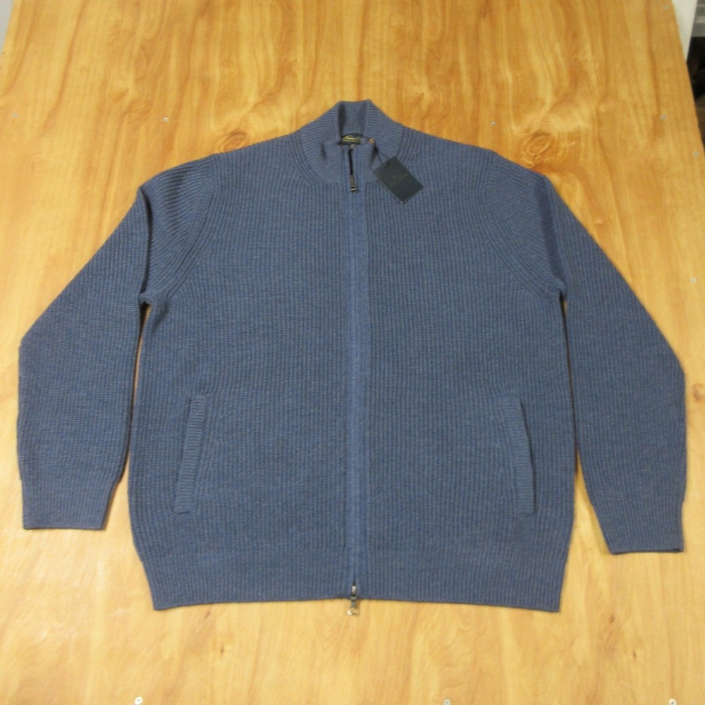 BROOKS BROTHERS Merino Wool Full Zip Cardigan Sweater XXL‎ Blue Chunky Knit NWT